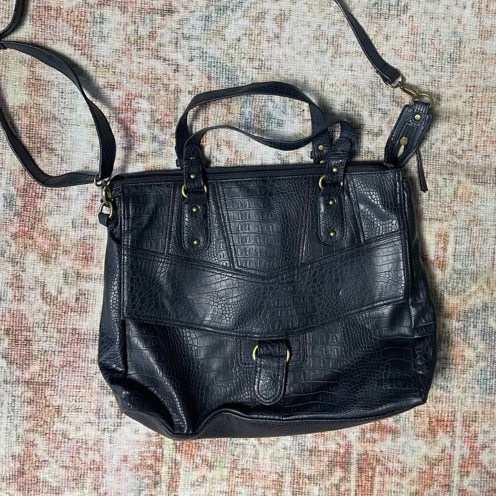 Black Faux-Croc Tote Bag with Removable Strap